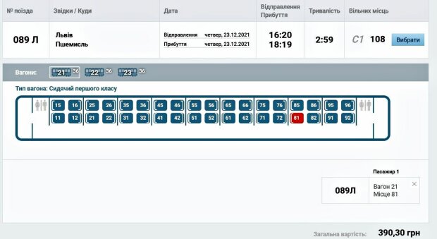 Ціна квитка. Фото: скріншот booking.uz.gov.ua