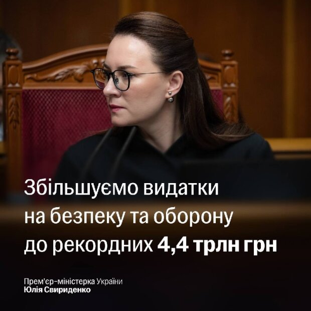 Юлія Свириденко оголошує про збільшення видатків на оборону до 4,4 трлн грн