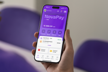 Логотип NovaPay на фоне банковского отделения