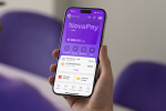 Логотип NovaPay на фоне банковского отделения