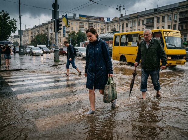 Київ злива пішохідний перехід затоплення потік води