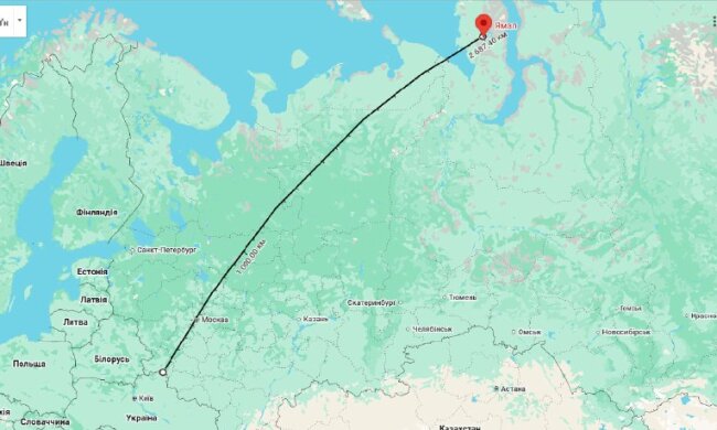 Мапа з позначенням ракетної небезпеки на Ямалі, рф