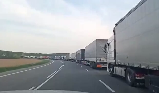 Очередь из грузовиков. Фото: скриншот Telegram-видео