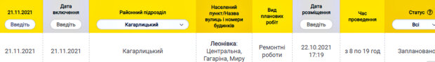Отключение света 21 ноября. Фото: скриншот dtek-krem.com.ua