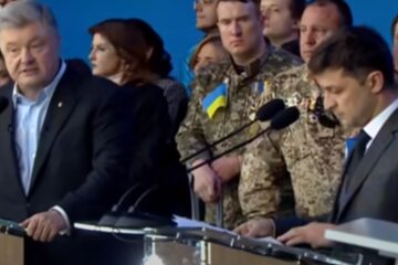 Дебаты на НСК Олимпийский: Владимир Зеленский - Петр Порошенко. Фото: скриншот YouTube