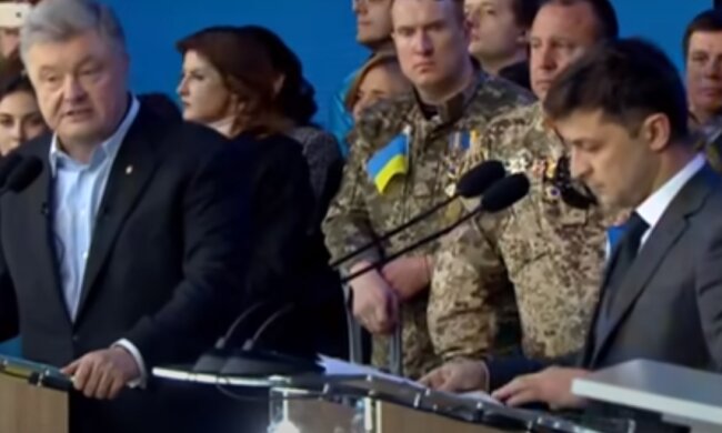 Дебаты на НСК Олимпийский: Владимир Зеленский - Петр Порошенко. Фото: скриншот YouTube