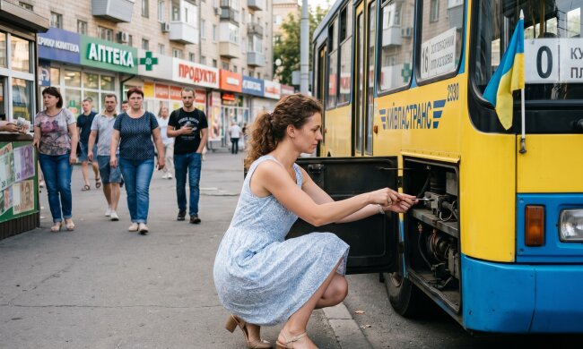 жінка сукня підбори ремонт тролейбус Київ вулиця